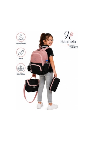 Suya Dayanıklı Pudra-siyah İlk Okul Çantası 3'lü Seti Unisex Çocuk Sırt İlkokul Çantası 8010 Pembe