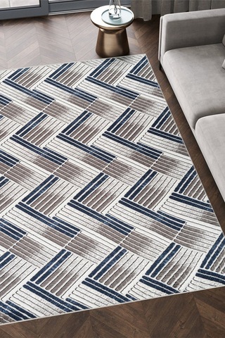 Modern Desenli Kaymaz Taban Elit Şık Dört Mevsim Yıkanabilir Halı Yolluk Mavi