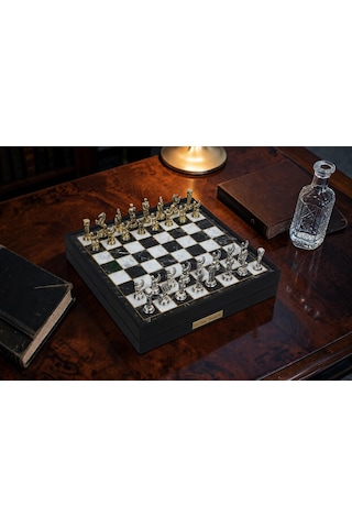 Kişiye Özel Pegasus Figürlü Lüks Metal Satranç Takımı Mermer Desenli Sandıklı 20 Cm. Premium Set