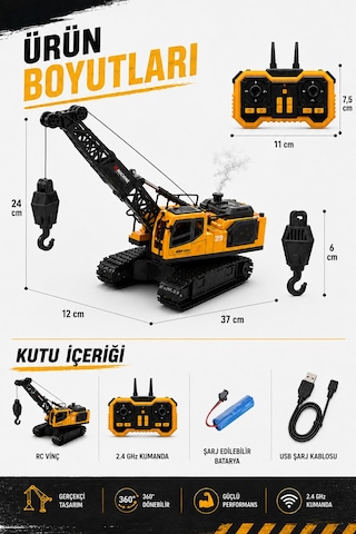 Işıklı Sesli Buharlı Metal Alaşım Uzaktan Kumandalı Rc Vinç Full Fonksiyon Paletli Vinç Sarı