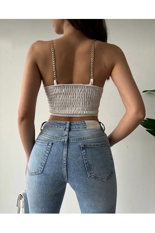 Kadın Gloplu Zincir Askılı Arkası Gipeli Crop Bluz Beyaz