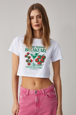 GRIMELANGE Belveth Kadın Bisiklet Yaka Oversize Beyaz T-shirt Beyaz