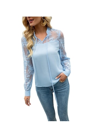 Dantel Uzun Kollu Yaz Yeni Üstler V Yaka Seksi Kadın Mavi