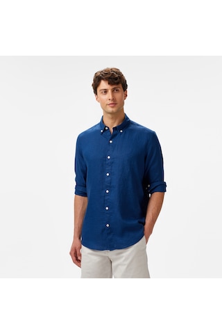 Nautica Erkek Mavi Classic Fit Keten Gömlek Düz W55101t Mavi