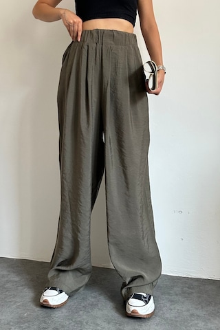 Feela Moda 2009 Beli Lastikli Paraşüt Kumaş Yüksek Bel Palazzo Kadın Pantolon Haki