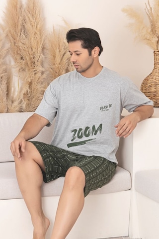 Büyük Beden Pamuklu Cepli Kısa Kollu Şortlu Erkek Pijama Takımı Gri