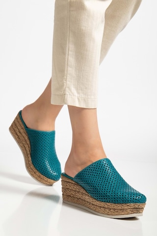 Analin Shoes Kadın Hakiki Deri Burnu Kapalı Dolgu Topuk Terlik Ocean Depths