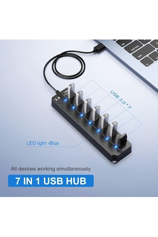 Çoklu Port Usb 3.0 Hub Adaptörü, Anahtarlı Ve Işıklı Çoklu Bağlantı Noktası Bölücü, Usb Güç Adaptörü