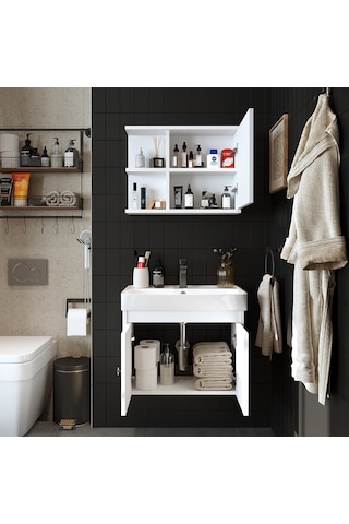 Lavabolu Mat Suntalam 60 Cm Banyo Dolabı + Aynalı Üst Dlp Beyaz Mat Beyaz