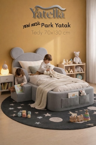 Yatella Luxury Tedyy Baza Ve Başlıklı Montessori Full Sünger Yatak Seti 70 X 130 Gri