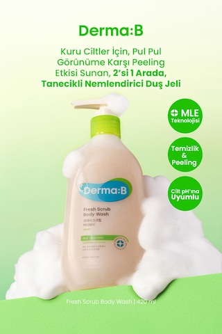 Kuru Ciltler İçin Peeling Etkisi Sunan Tanecikli Nemlendirici Duş Jeli Derma:b Fresh Scrub Body Wash