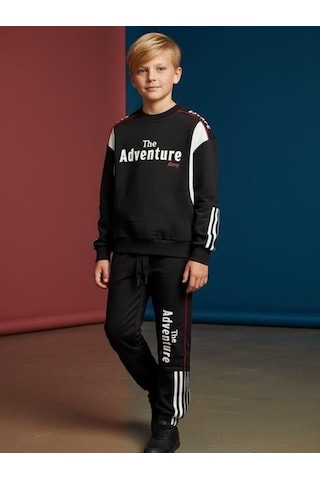 Zekids Erkek Çocuk Adventure Yazılı Şerit Detaylı Baskılı Eşofman Takım-16655 Siyah