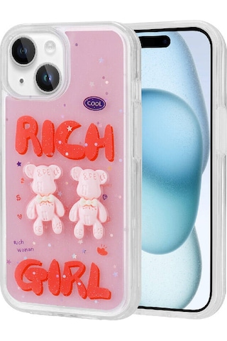 Nourthkiingdom Apple Uyumlu iPhone 15 Plus Kabartma Figürlü Parlak Nrtk Minimini Silikon Kılıf-kırmızı Kırmızı