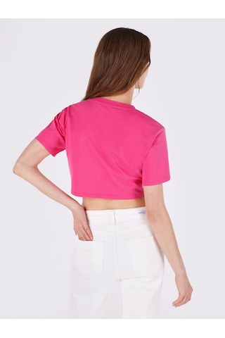 Colins Dar Kesim Bisiklet Yaka Crop Pembe Kadın Kısa Kol Tişört 001