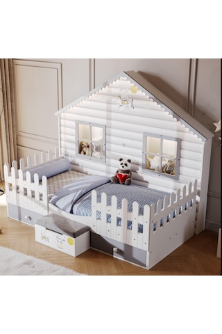 Meltem Kids Küçük Ev Çocuk Odası Montessori Karyola Gri 100 x 200 CM Gri