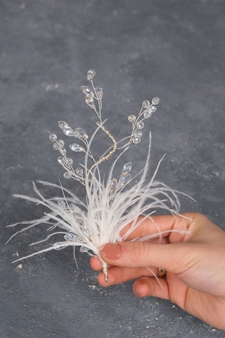 FdayAksesuar Gelinlere Özel Özly Tüylü Ve Kristalli Çift Tarafli Gelin Saç Aksesuarı FRDY31683