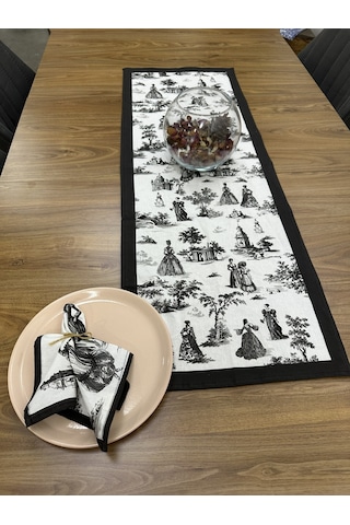 Toile De Jouy Paris Runner 40x110 Cm %100 Pamuk Dijital Baskılı Masa Örtüsü Klasik Fransız Tarzı Masa Dekoru - Zt700 Siyah