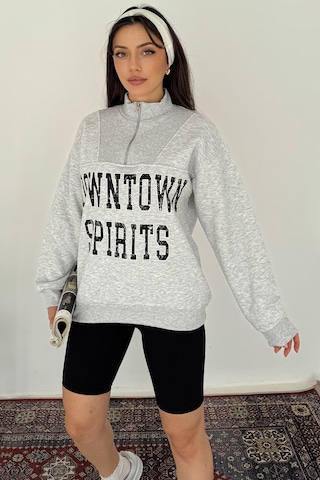 Noa & Noa Kadın Fermuarlı Baskılı Sweatshirt Downtown Energy Gri
