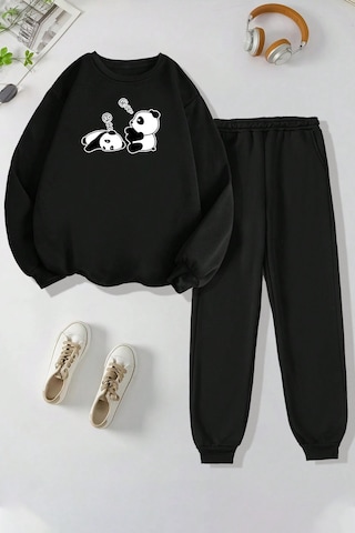 Uyguntarz Unisex Uykucu Panda Baskılı Bisiklet Yaka Eşofman Takımı Siyah