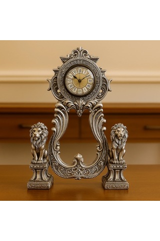Aslan Figürlü Dekoratif Masa Saati Kraliyet Tarzı 40x28 Gümüş