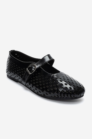 Luvi Shoes Arian Siyah Rugan Hakiki Deri Delikli Kadın Babet Ayakkabı