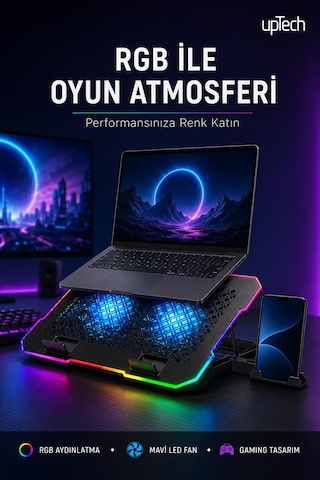 Uptech Rgb Laptop Soğutucu 2 Fanlı Ayarlanabilir Standlı Notebook Soğutucu