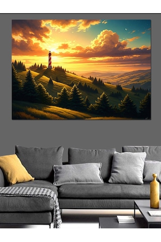 Gün Batımında Tepedeki Deniz Feneri Dekoratif Kanvas - Mdf Ahşap Tablo