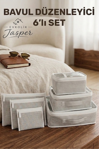 Jasper 6'lı Valiz Bavul Düzenleyici Seyahat Çantası Organizer Hurç Set Fermuarlı Gri Çizgi Antrasit