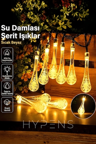 Solar Damla Led 5m 20 Ledli Günışığı 8 Modlu Dekoratif Bahçe Ve Balkon Süs Işığı Sarı