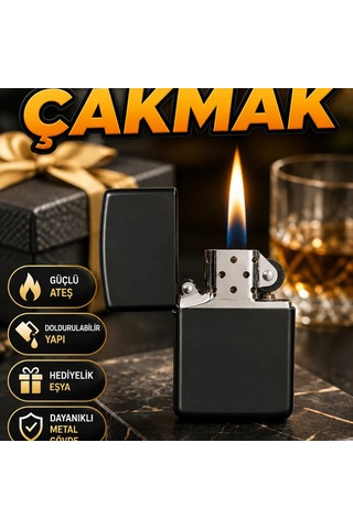Parlak Siyah Doldurulabilir Deri Kaplamalı Şık Çakmak Hediye Aksesuar