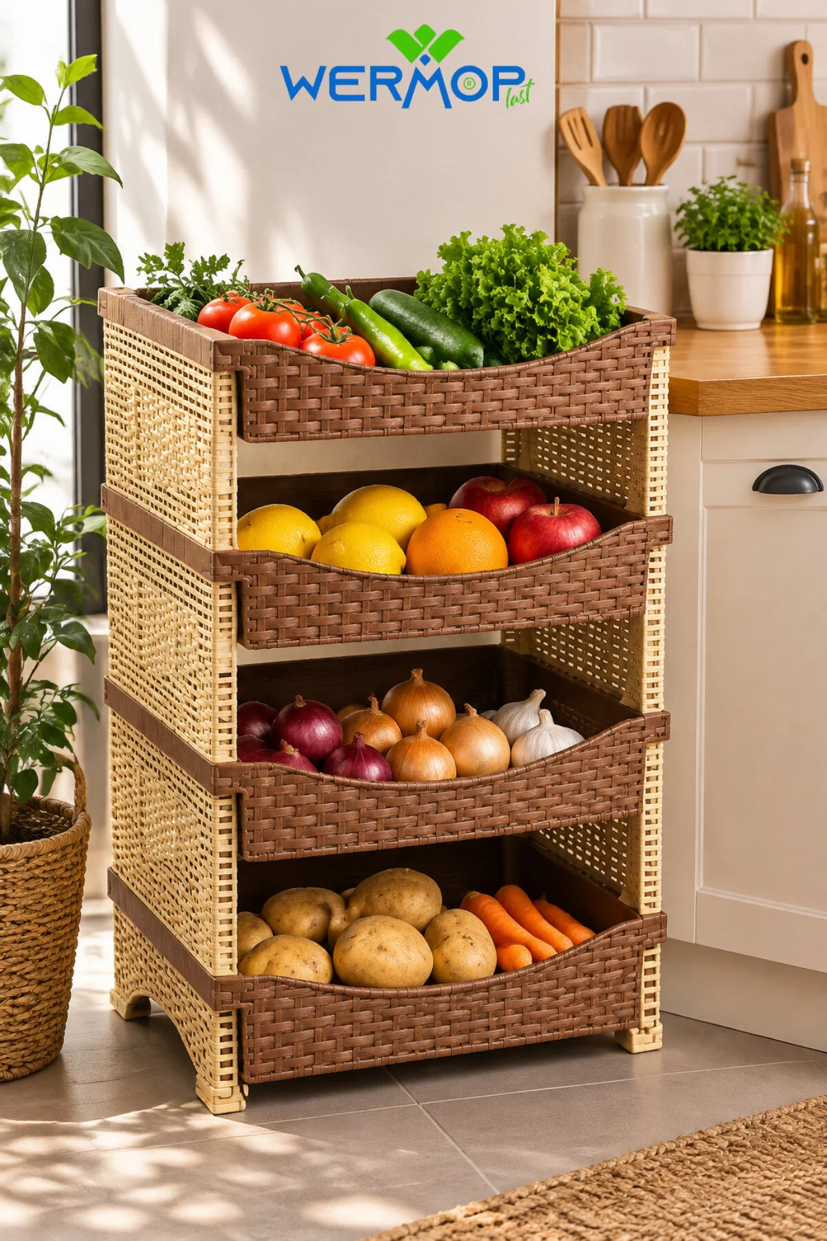 4 Katlı Rattan Görünümlü Plastik Sebzelik Bej Mutfak Organizer Raf - Kahve Kahverengi