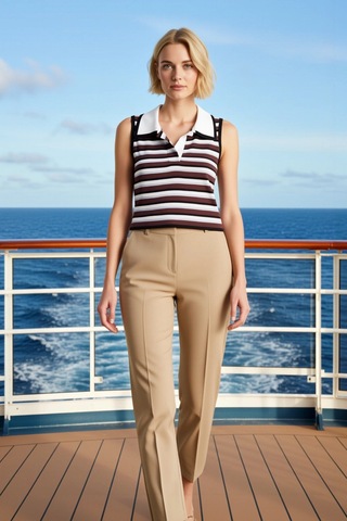 Benerly Kadın Bluz Gömlek Yaka Kolsuz Crop Fitted Triko İnce Renk Bloklu Kahverengi
