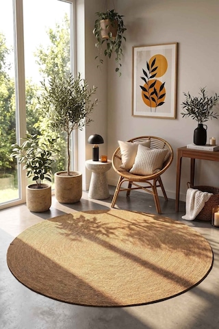 Nostera Örgü Hasır Görünümlü Yuvarlak Daire Dekoratif Kilim Kahverengi