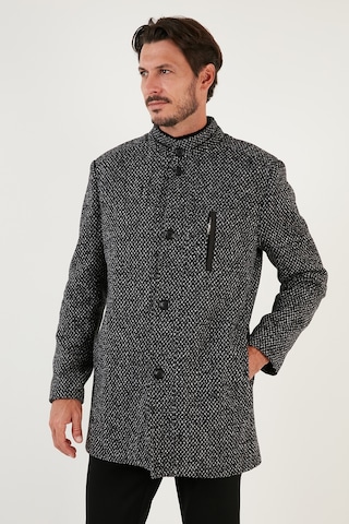 Buratti Düğmeli Dik Yaka Kırçıllı Slim Fit Kaşe Erkek Kaban 5841016 Siyah Noktalı