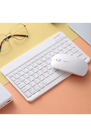 Yaozixa Tablet Uyumlu Kablosuz Bluetooth Klavye Mouse Seti - 10 İnç Ultra İnce Klavye + Çift Mod Şarjlı Mouse Beyaz Diğer