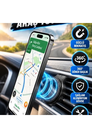 Alüminyum Manyetik Araç İçi Telefon Tutucu 360 Döner Başlık Ve Güçlü Mıknatıs
