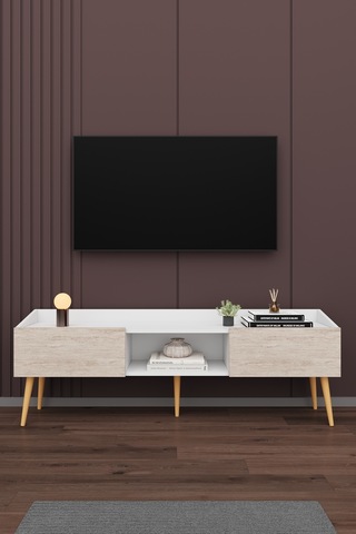 Asra Trend Tv Ünitesi Tv Sehpası T-28 %100 MDF Ayaklı Modern Medya Ünitesi Beyaz - Sidon