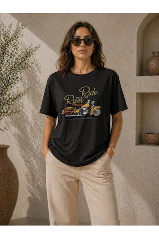 Wear Vexel Kadın Motosiklet Baskılı Tişört Bisiklet Yaka Kısa Kol Yazlık T-shirt - Siyah Çok Renkli