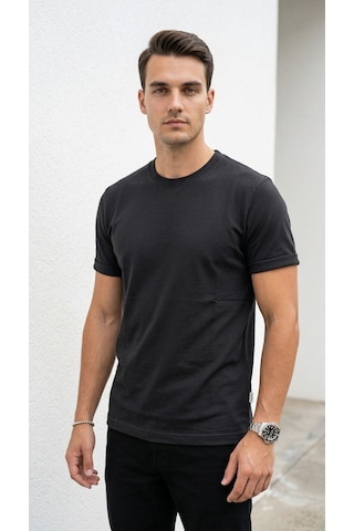 Plus Scorpion T02 Kol Katlama Erkek Slim Fit Basic Tişört Bisiklet Yaka, Düz Kumaş, Yazlık Model Siyah