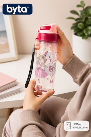 500 Ml Çocuk Matara Kilitli Kapaklı Pipetli Su Matarası Taşıma Askılı Bpa Free Pembe Kuğu Desenli Pembe