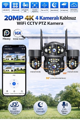 Rx18 Wifi 4 Kameralı Güvenlik Kamerası 20mp Ultra Hd Ptz Hareketli Sesli Gece Görüşlü Akıllı Kamera