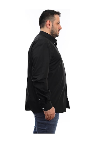 Tousus Erkek Büyük Beden Siyah Pamuk Düğmeli Yaka Cepli Uzun Kol Gömlek