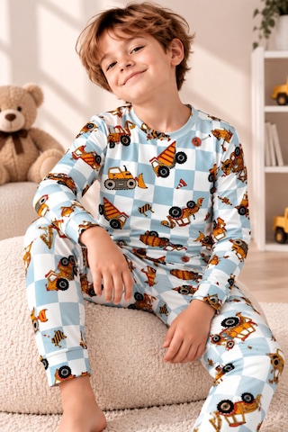 Free Beka Desenli Bisiklet Yaka %100 Pamuklu İnterlok Kumaş Erkek Çocuk Uzun Kollu Pijama Takımı Turkuaz