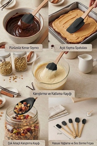 5'li Silikon Ve Bambu Saplı Mutfak Gereçleri Seti-spatula,fırça Servis Maşa Seti siyah