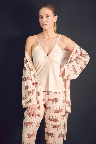 Fullamoda Kaplan Desenli V Yaka 3 Lü Pijama Takımı 24mıcg631216523-bej Bej