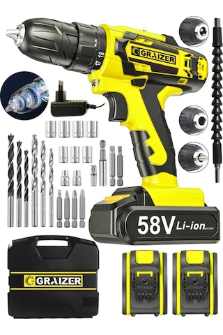 Graizer V-Tec 58 V 5 Ah Çelik Motor - Şanzuman Darbeli Çift Akülü Vidalama Matkap