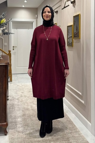 Rabia Şamlı Dora Triko Tunik Bordo Normal