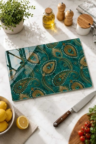 Gökçeoğlu Cam Kesme Tahtası Tavus Kuşu Temalı - Cam Kesme Tablası 20cm X 30cm Çok Renkli