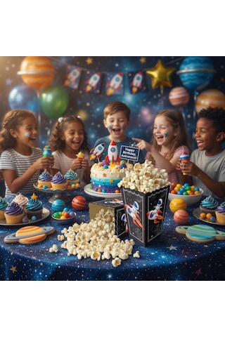 Uzay Temalı Pop Corn Mısır Kutusu 8li Çocuk Doğum Günü Parti Süsü Dekoru