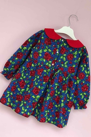 Bebe Yaka Gül Desenli Kız Çocuk Bebek Pazen Kırmızı Mavi Renkli Elbise 001